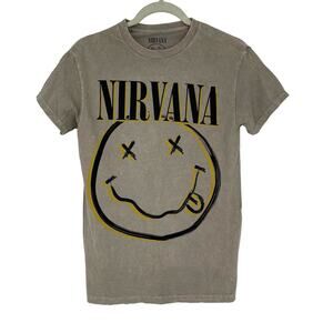 Officially Licensed Nirvana Nevermind Smiley Grunge Tee Beige Acid Wash Small